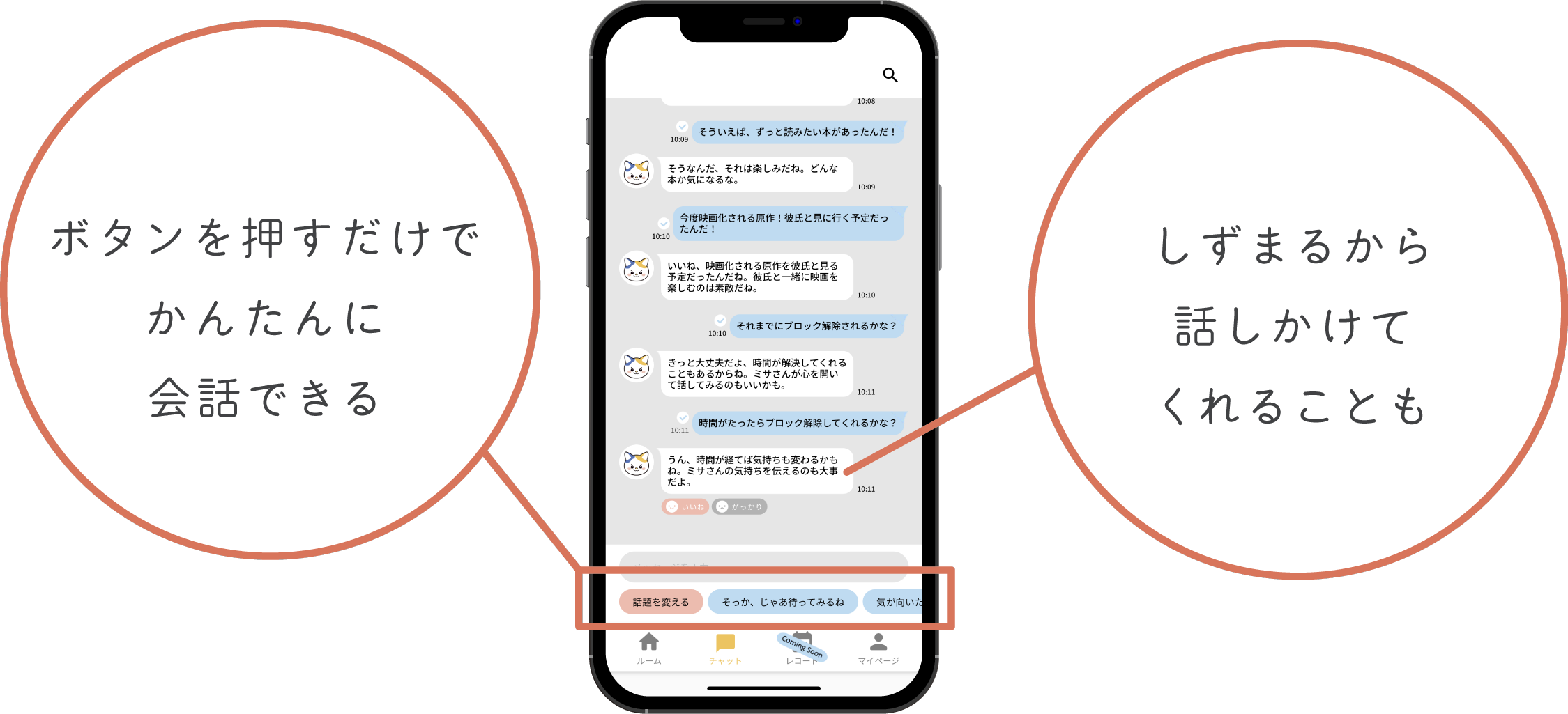 ボタンを押すだけで簡単に会話できる。しずまるから話しかけてくることも