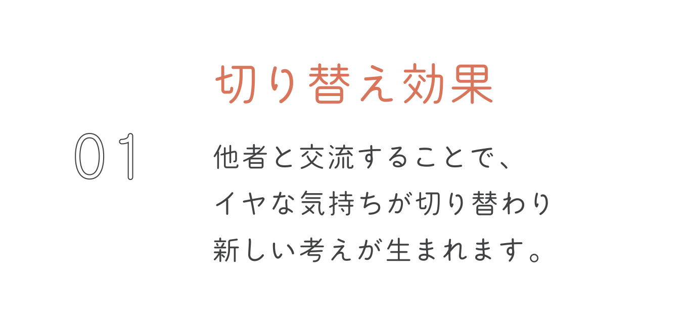 切り替え効果。他者と交流することで、いやな気持ちが切り替わり新しい考えが生まれます。